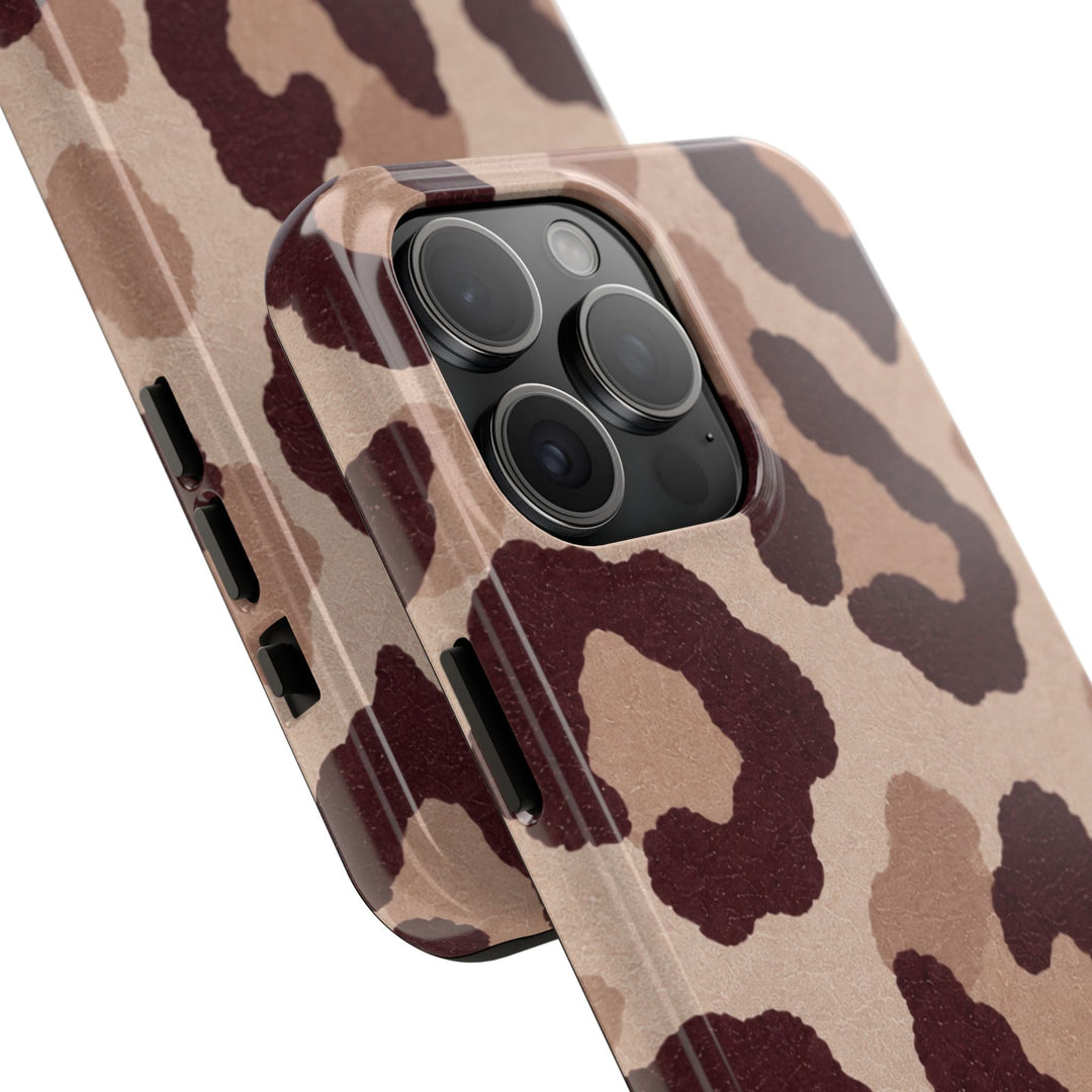 Sunday Theory leopard print phone case with glossy finish and protective camera bezel in brown and tan animal pattern