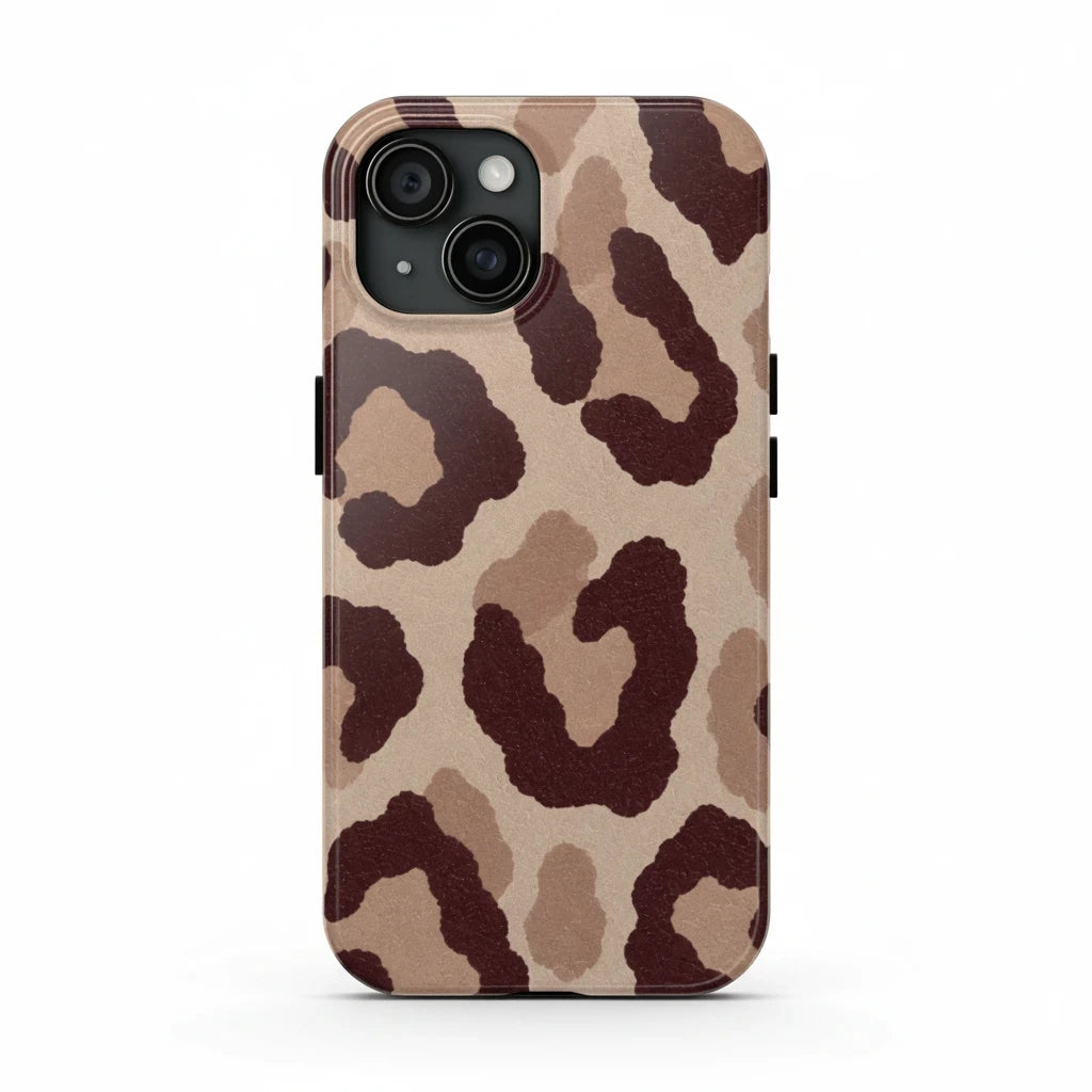 Sunday Theory leopard print phone case with a glossy finish, featuring brown and tan animal spots on a durable shell.
