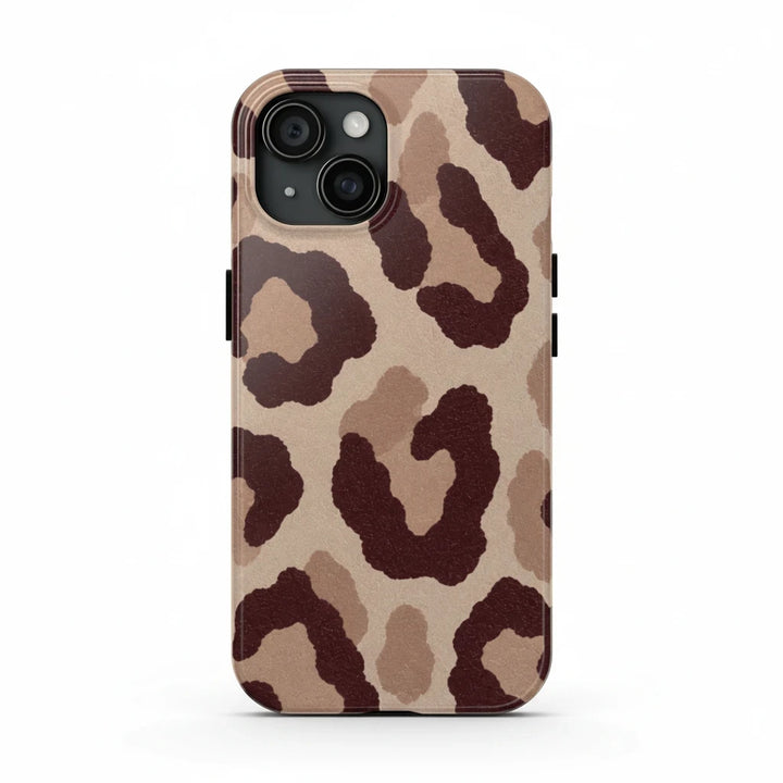 Sunday Theory leopard print phone case with a glossy finish, featuring brown and tan animal spots on a durable shell.