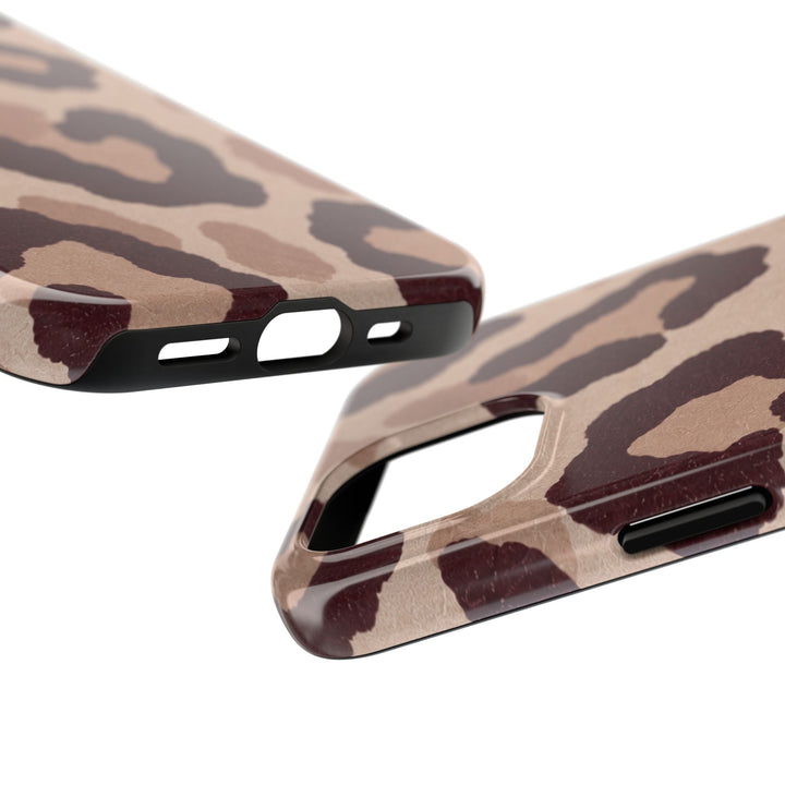 Sunday Theory leopard print phone case with glossy brown animal pattern and durable black protective TPU edges