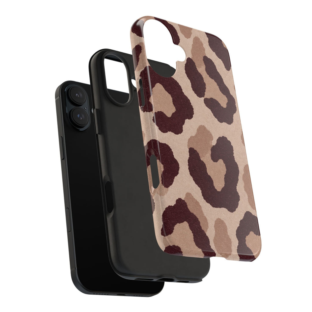 Sunday Theory leopard print tough phone case with a glossy brown animal pattern and protective black TPU liner