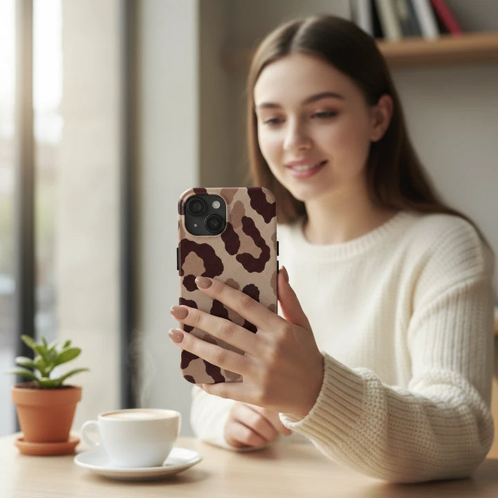Sunday Theory leopard print phone case held by a woman in a cafe with a coffee cup and plant on the table