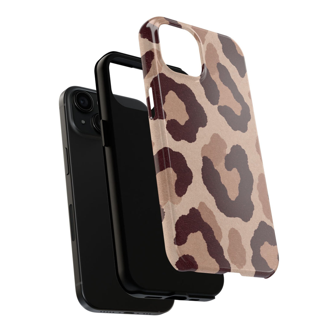 Sunday Theory leopard print phone case with a glossy finish, showing the durable polycarbonate shell and TPU liner.