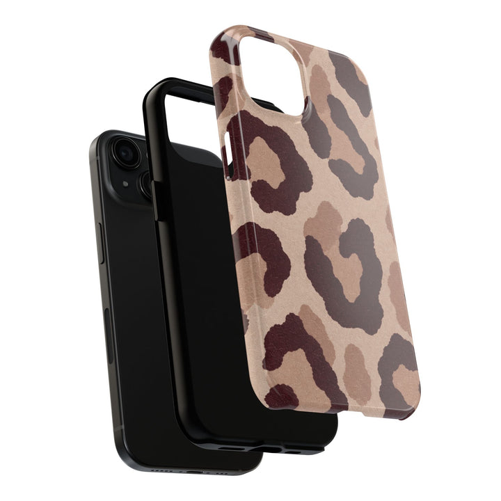 Sunday Theory leopard print phone case with a glossy finish, showing the durable polycarbonate shell and TPU liner.