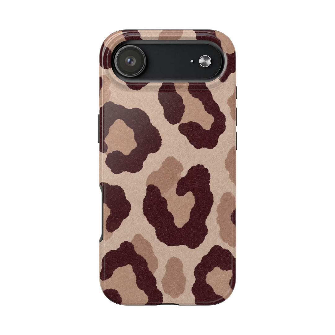 Sunday Theory leopard print tough phone case with a glossy finish and protective brown animal pattern design.