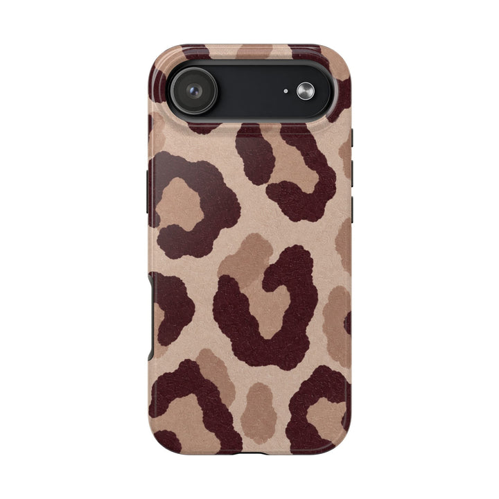 Sunday Theory leopard print tough phone case with a glossy finish and protective brown animal pattern design.