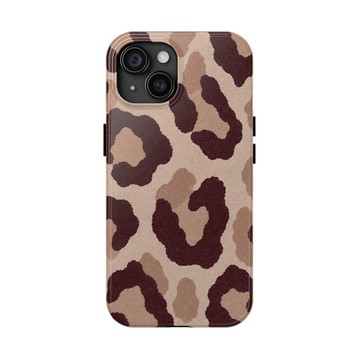 Sunday Theory leopard print phone case with glossy brown and tan animal pattern and durable protective shell