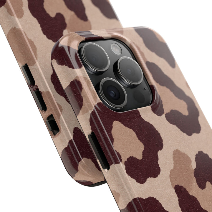 Sunday Theory leopard print tough phone case with glossy brown animal pattern and protective camera bezel