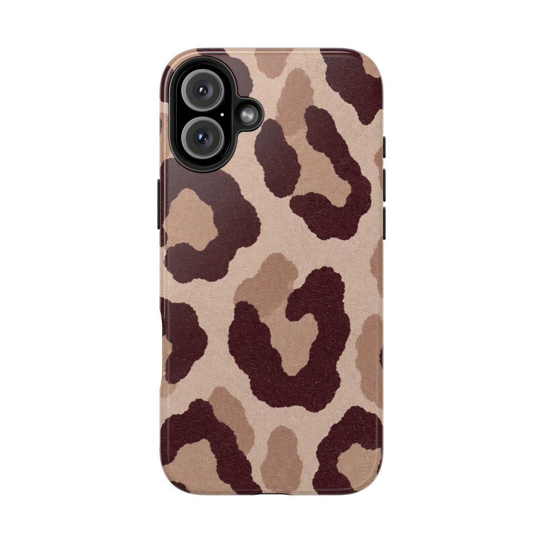 Sunday Theory leopard print tough phone case with a glossy finish and brown animal pattern on a tan background