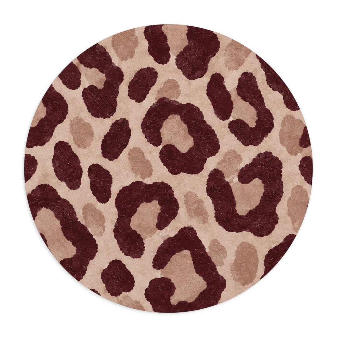 Sunday Theory round neoprene mouse pad featuring a chic brown and tan leopard animal print pattern