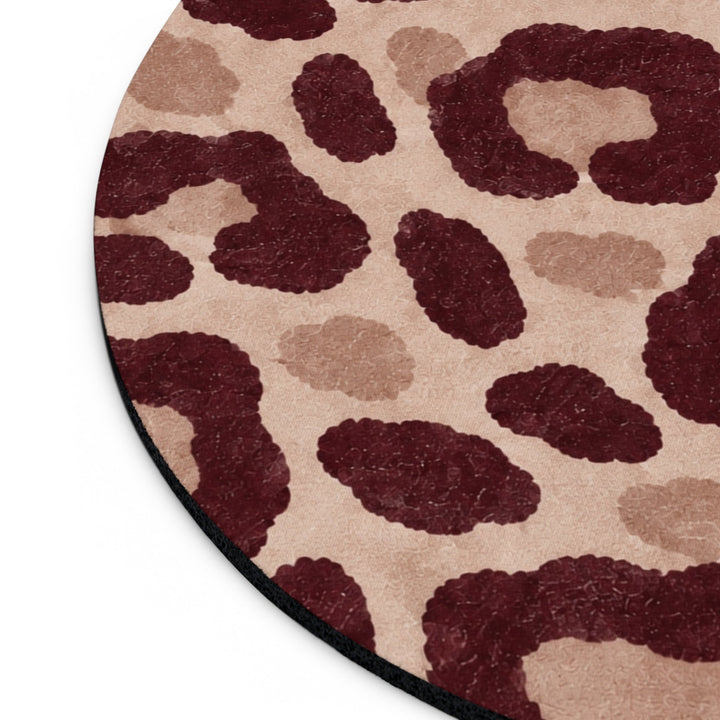 Sunday Theory round neoprene mouse pad featuring a chic brown and dark red leopard animal print pattern