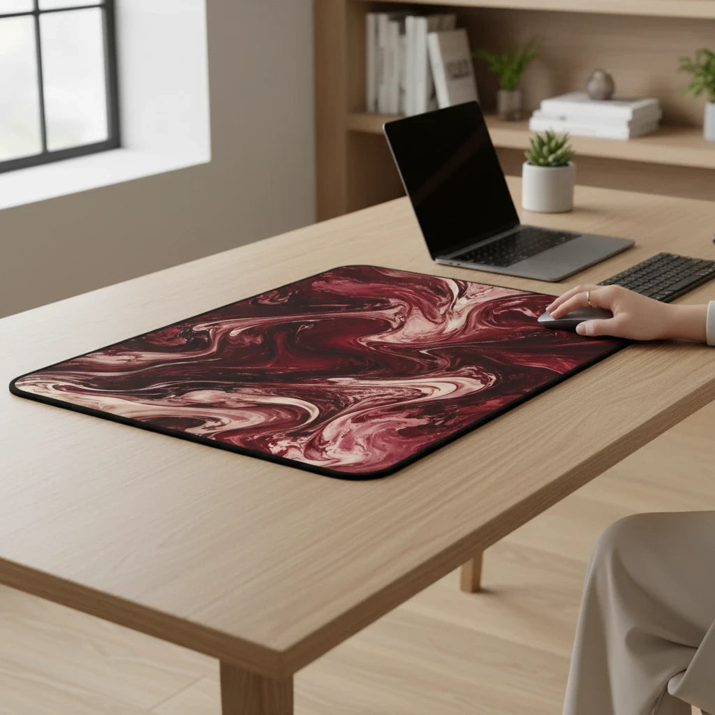 Sunday Theory maroon marble desk mat with burgundy and cream swirls on a wooden office desk with a laptop and mouse.