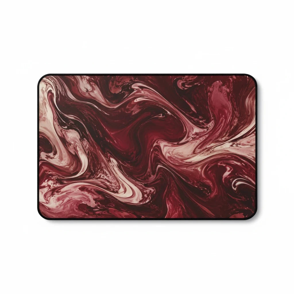 Sunday Theory maroon marble desk mat with burgundy and cream swirl pattern and durable hemmed edges