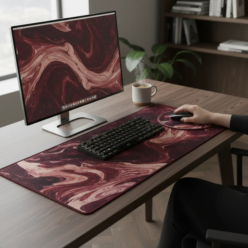 Sunday Theory maroon marble desk mat and ergonomic mouse pad set on a wooden desk with a computer and coffee mug