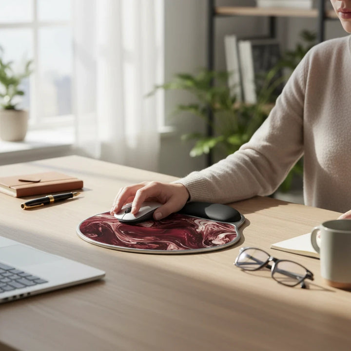Sunday Theory maroon marble mouse pad with ergonomic memory foam wrist rest on a wooden desk with a computer mouse.