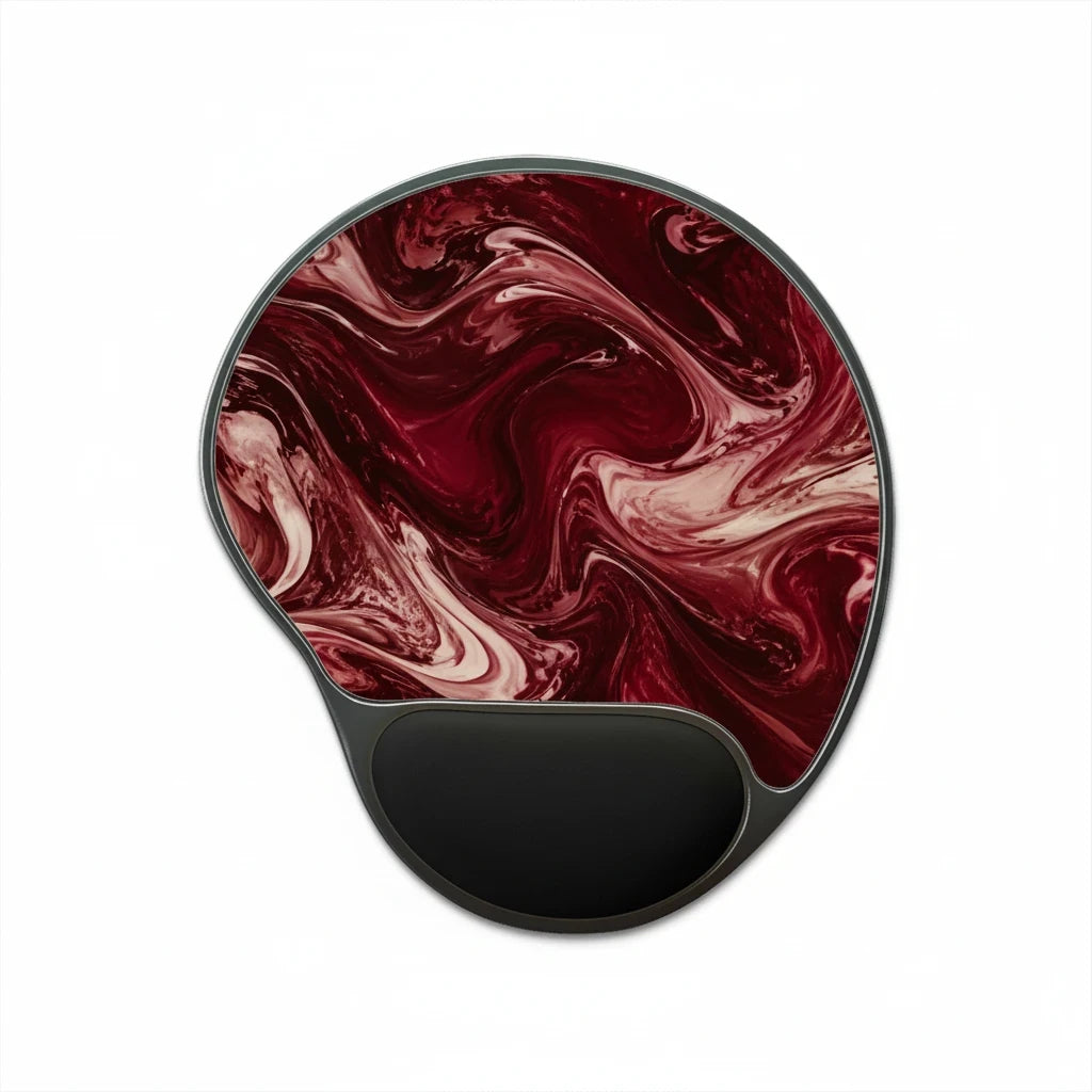 Sunday Theory maroon marble mouse pad with ergonomic black memory foam wrist rest and removable neoprene surface.