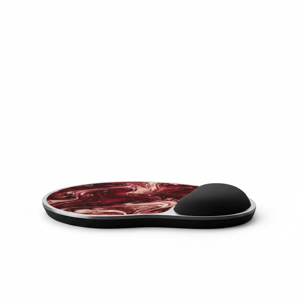 Sunday Theory maroon marble mouse pad with ergonomic black memory foam wrist rest and stable non-slip base