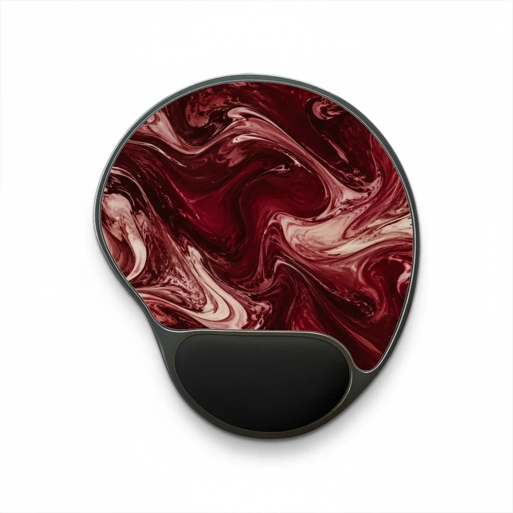 Sunday Theory maroon marble mouse pad with ergonomic memory foam wrist rest and black base on a white background.