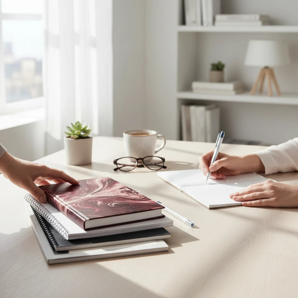Sunday Theory maroon marble ruled journal resting on a stack of notebooks on a bright desk while someone writes nearby