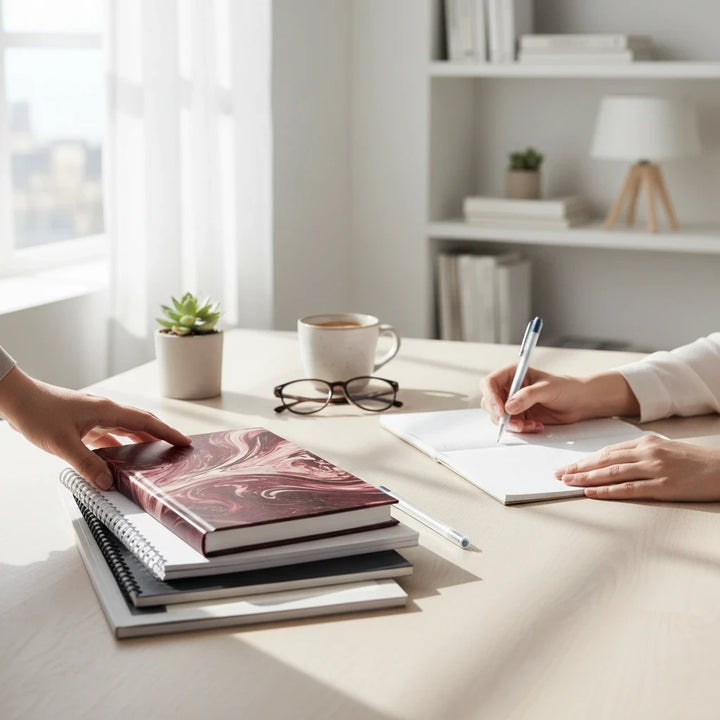 Sunday Theory maroon marble ruled journal resting on a stack of notebooks on a bright desk while someone writes nearby