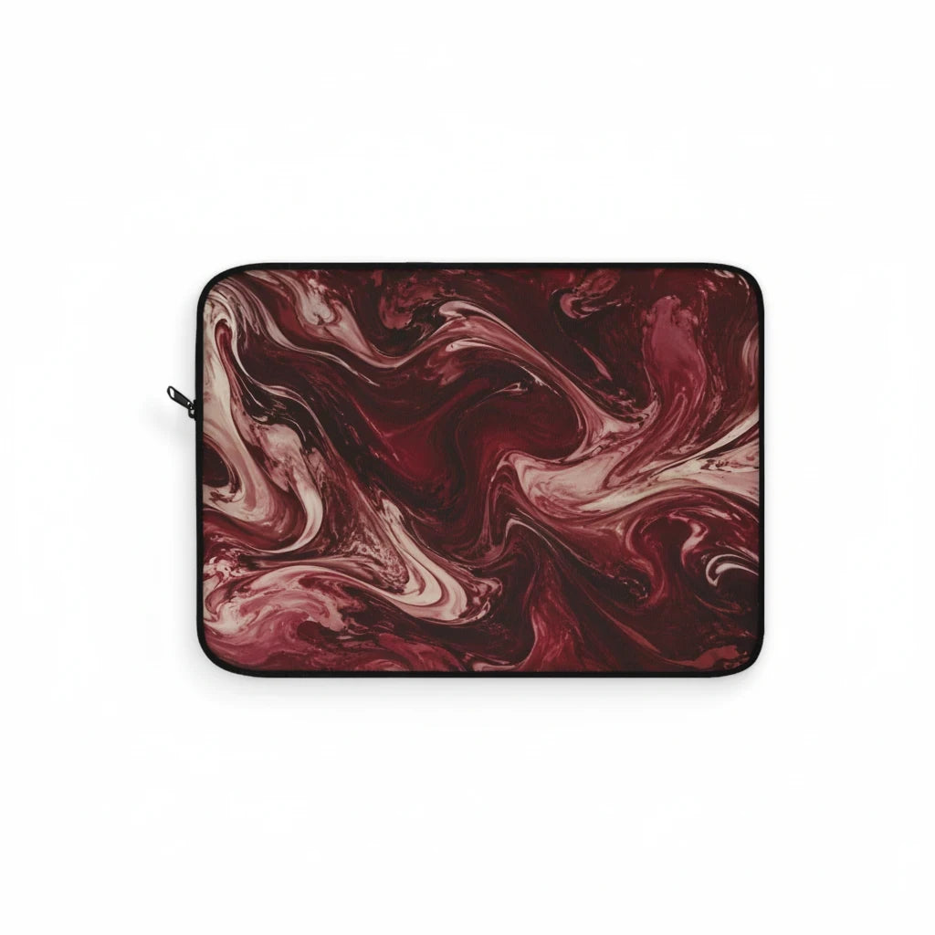 Sunday Theory maroon and cream marble swirl laptop sleeve with protective padding and smooth zipper closure.