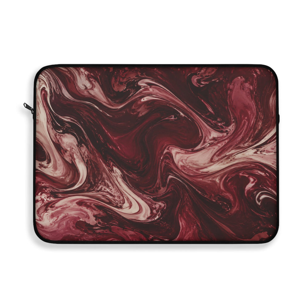 Sunday Theory maroon and cream marble swirl laptop sleeve with a protective black zipper and fleece interior.