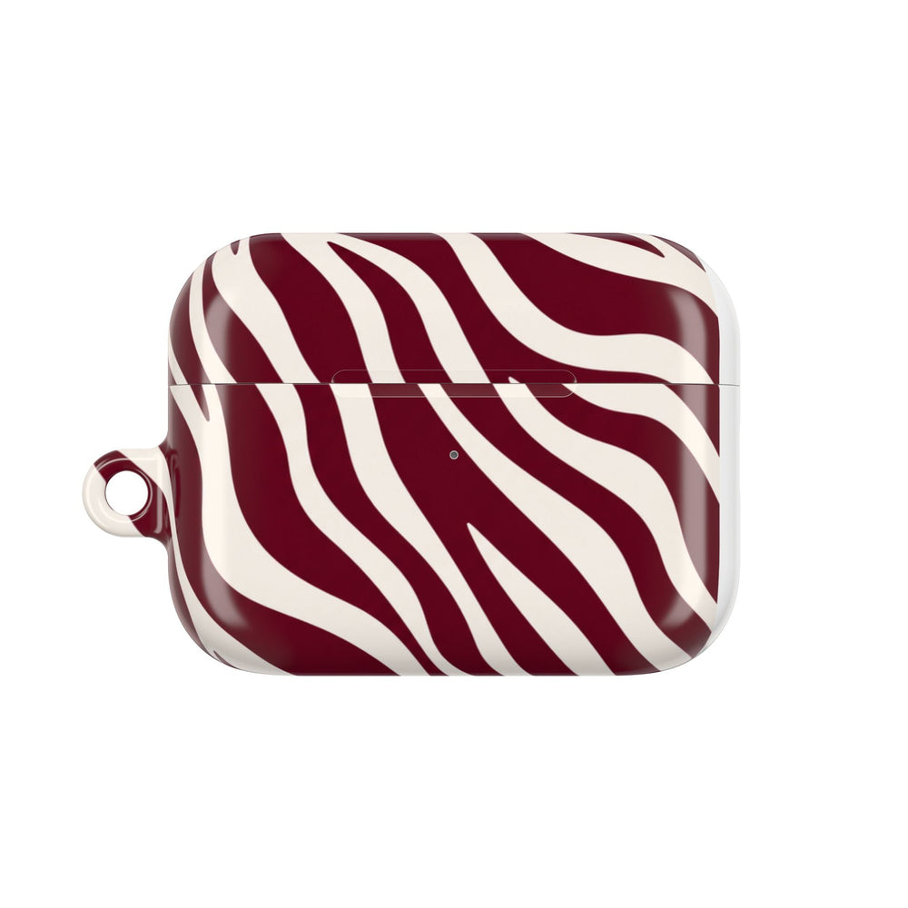 Sunday Theory maroon and cream zebra stripe glossy polycarbonate AirPod case with a slim protective design