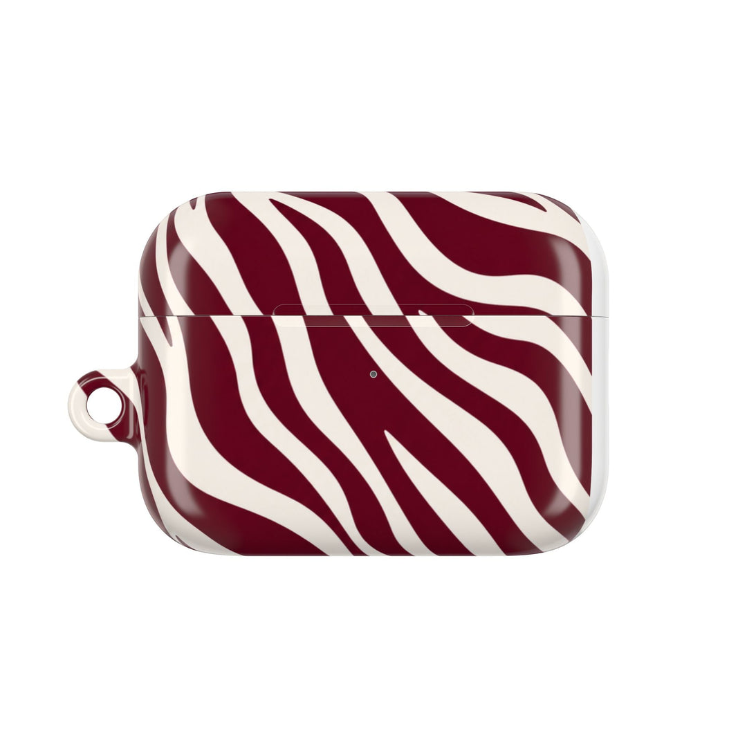 Sunday Theory maroon and cream zebra stripe glossy polycarbonate AirPod case with a slim protective design