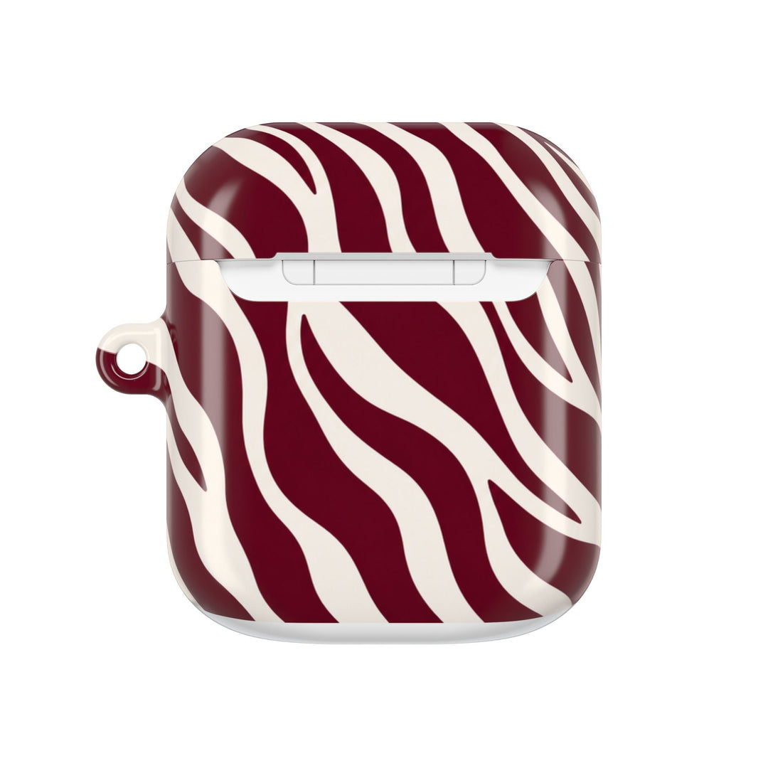 Sunday Theory maroon and cream zebra stripe glossy polycarbonate protective case for AirPods with carabiner loop
