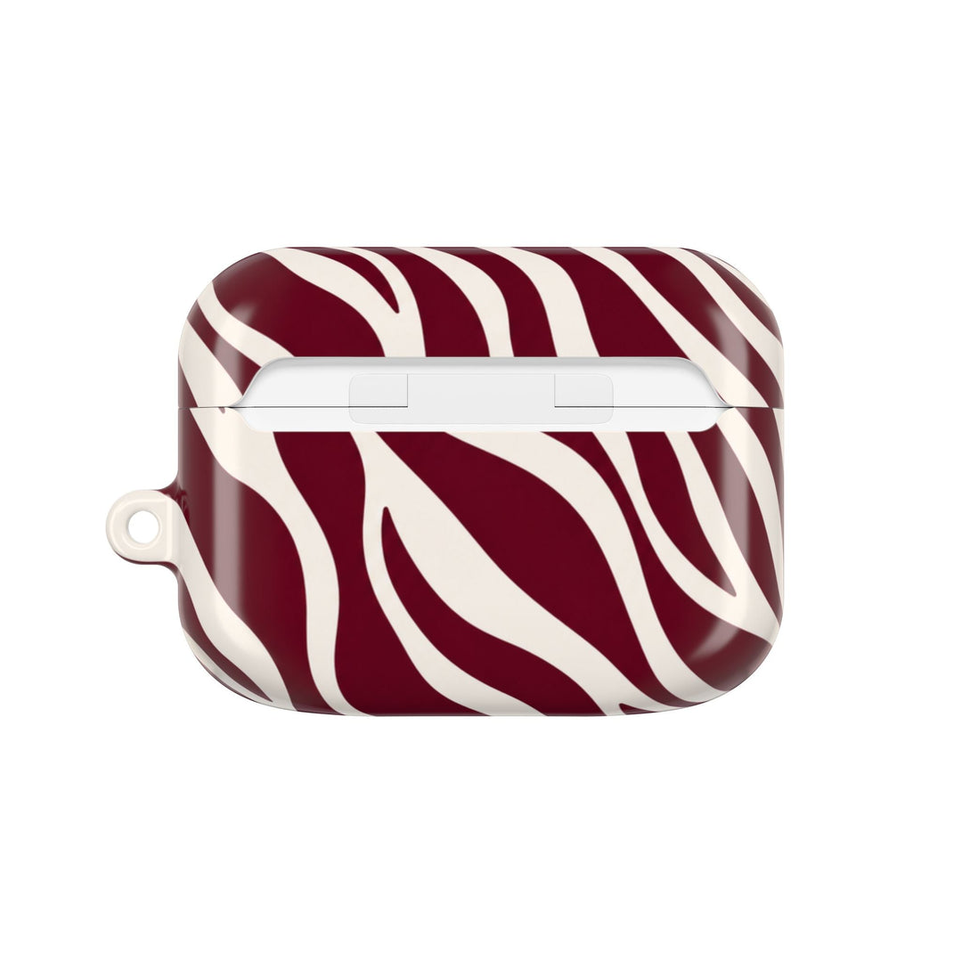 Sunday Theory maroon and cream zebra stripe polycarbonate AirPod case with a glossy finish and slim profile.