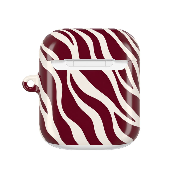 Sunday Theory maroon and cream zebra stripe glossy polycarbonate protective AirPod case with a slim profile