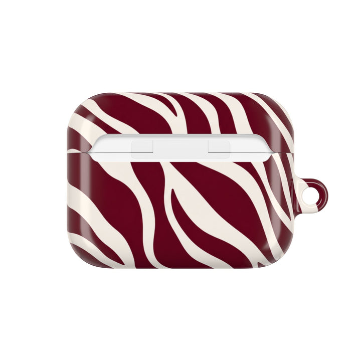 Sunday Theory maroon and cream zebra stripe glossy polycarbonate protective AirPod case with carabiner attachment