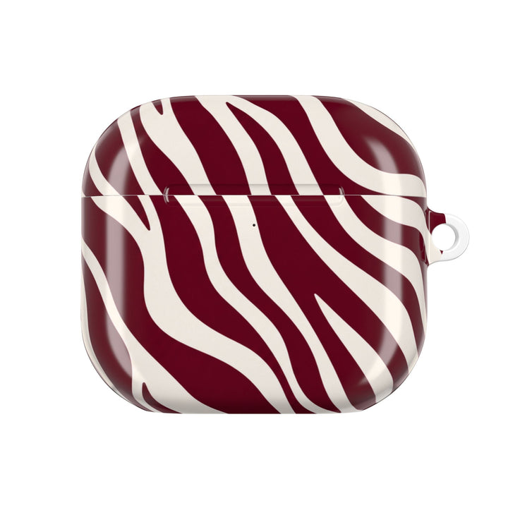 Sunday Theory maroon and cream zebra stripe glossy polycarbonate protective case for AirPods with carabiner loop