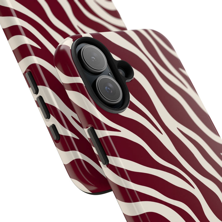 Sunday Theory maroon and cream zebra print protective phone case with glossy finish and raised camera bezel