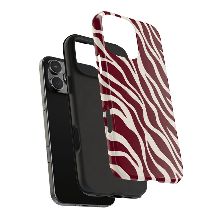 Sunday Theory maroon and cream zebra print tough phone case with a two-piece protective shell and shock-absorbing liner