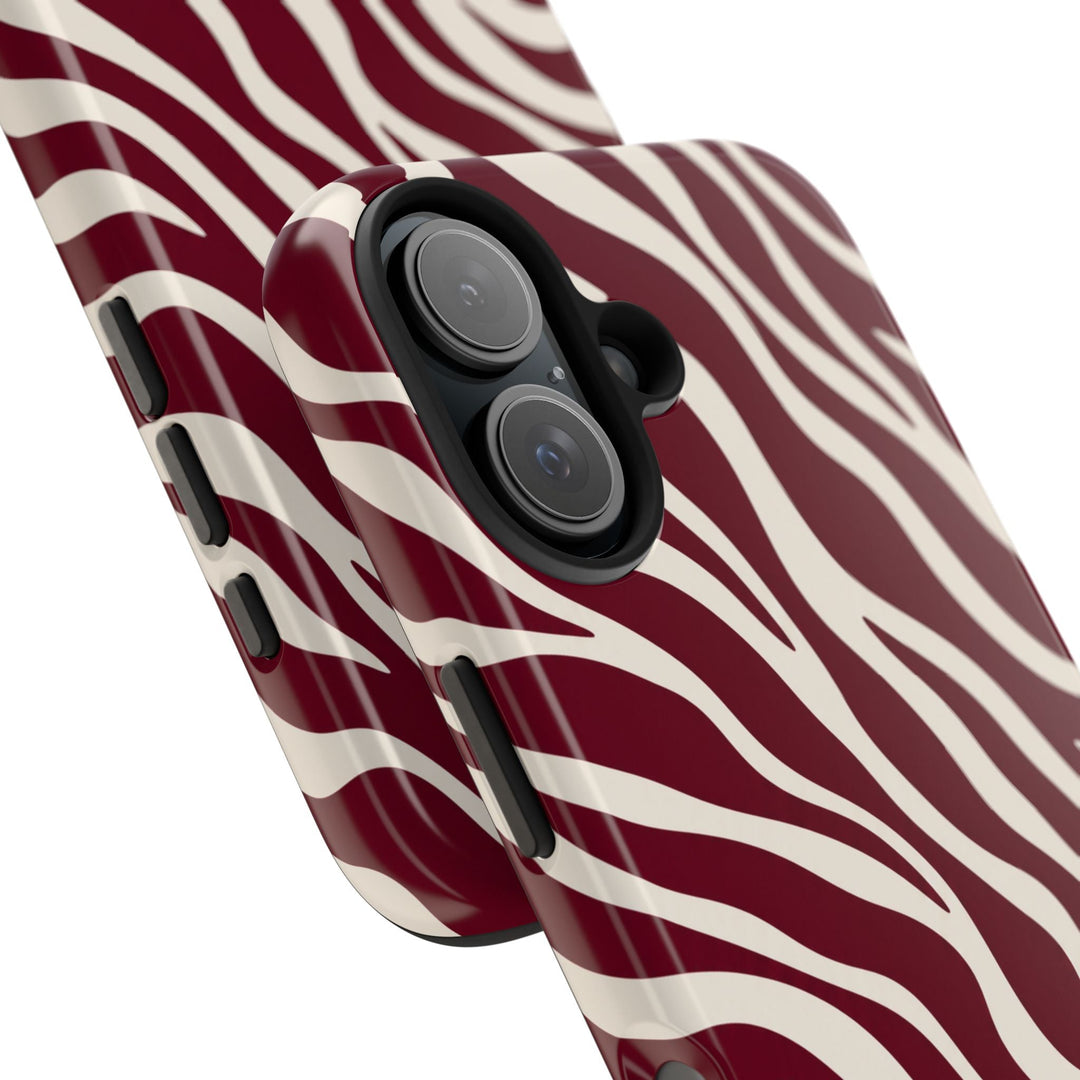 Sunday Theory maroon and cream zebra print protective phone case with glossy finish and black shock-absorbing liner
