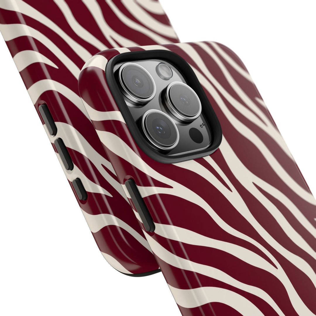 Sunday Theory maroon and cream zebra print protective phone case with glossy finish and raised camera bezel