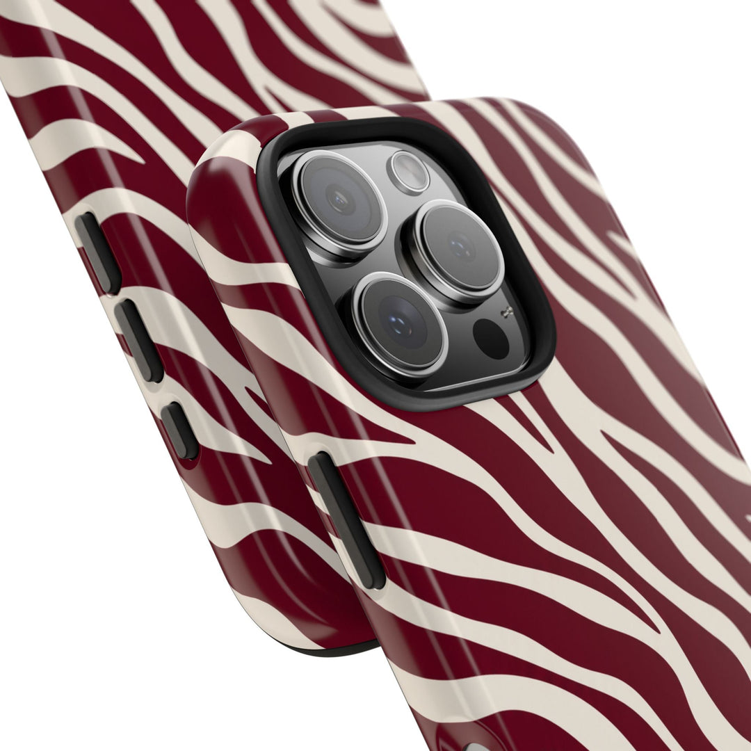 Sunday Theory maroon and cream zebra print protective phone case with glossy finish and raised camera bezel