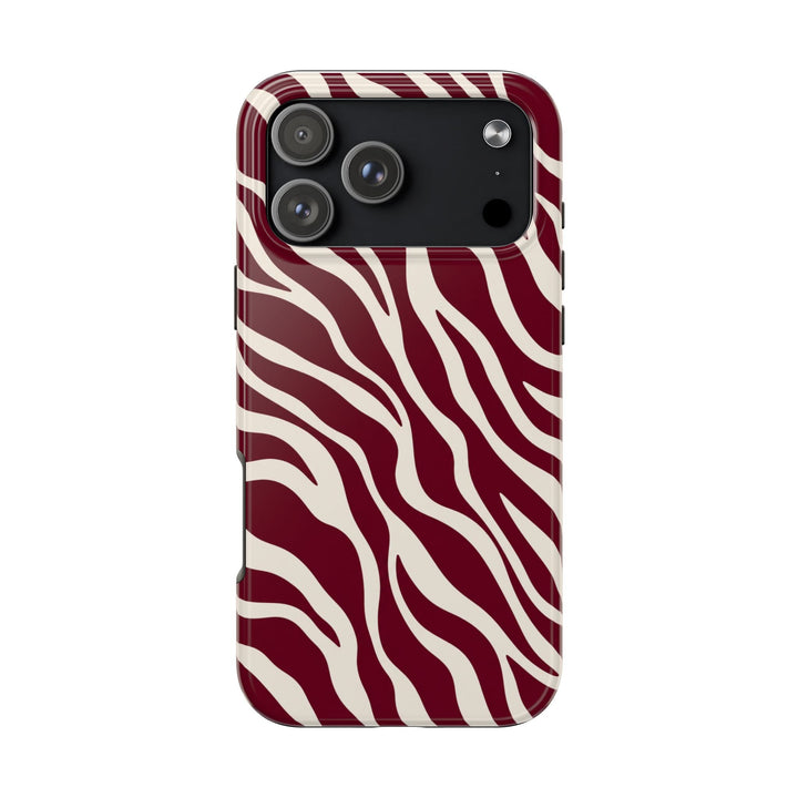 Sunday Theory maroon and cream zebra print protective phone case with a glossy finish and durable two-piece design.