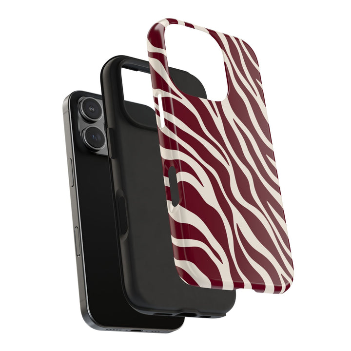 Sunday Theory maroon and cream zebra print protective phone case with two-piece construction and shock-absorbing liner
