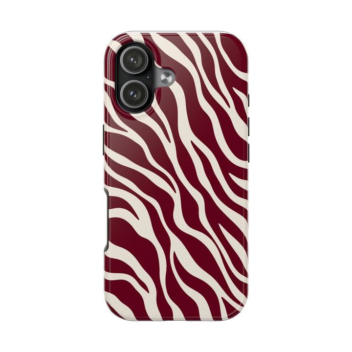 Sunday Theory maroon and cream zebra print protective phone case with a glossy finish and durable shock-absorbing shell.