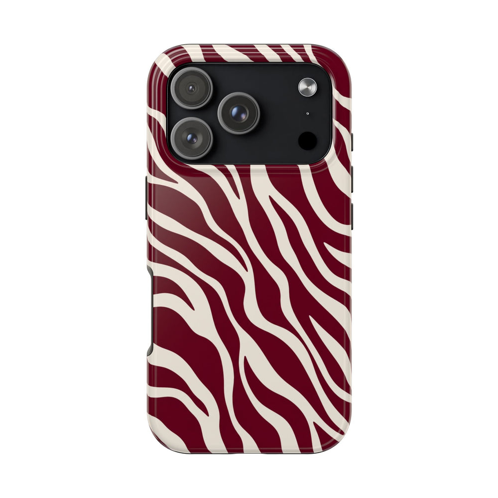 Sunday Theory maroon and cream zebra print protective phone case with a glossy finish and raised camera bezel.