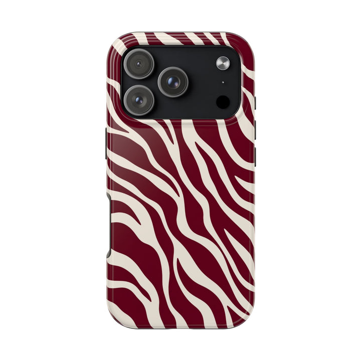 Sunday Theory maroon and cream zebra print protective phone case with a glossy finish and raised camera bezel.