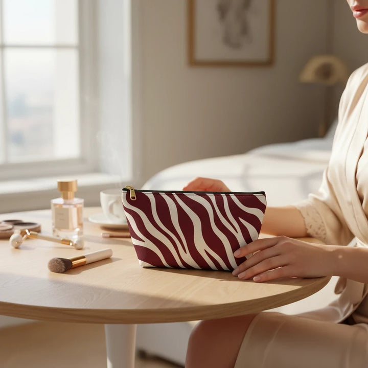 Sunday Theory maroon and cream zebra print T-bottom accessory pouch on a wooden vanity table with makeup brushes.