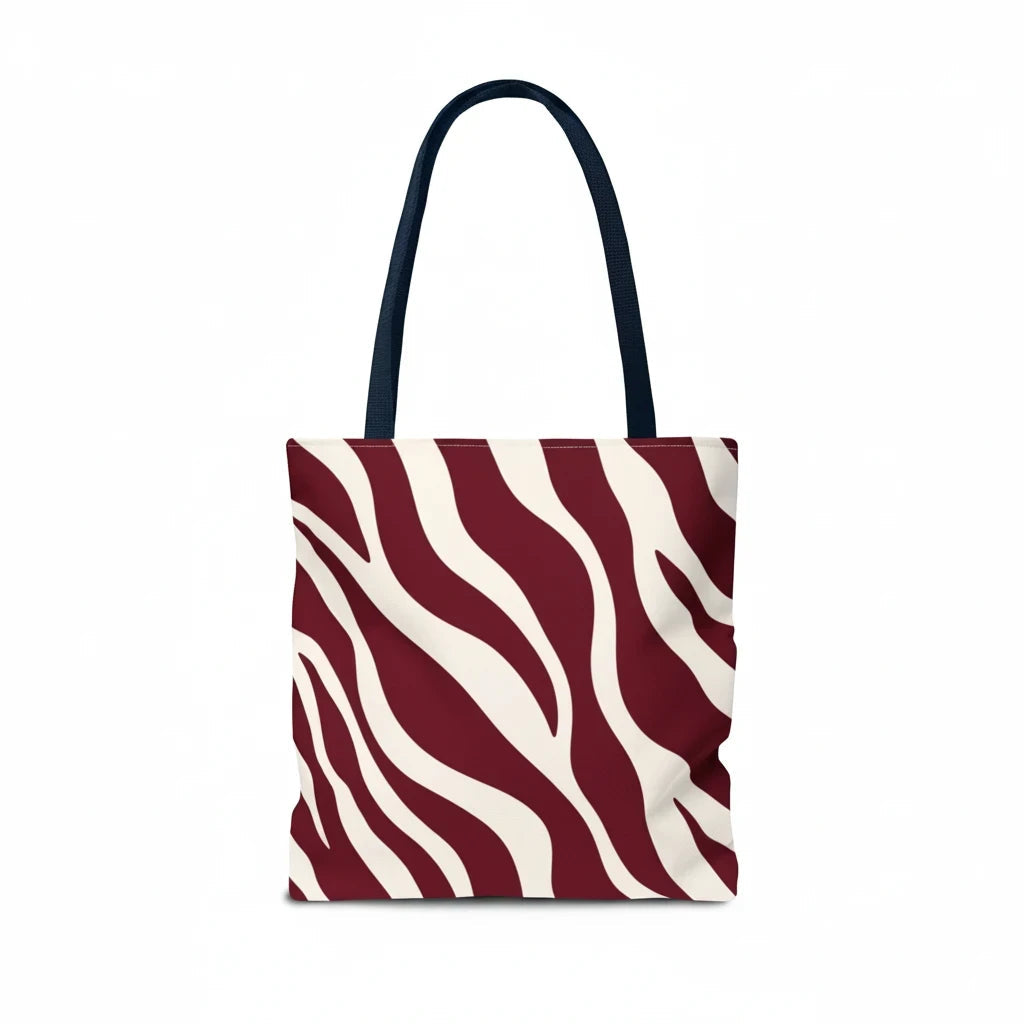 Sunday Theory maroon and cream zebra print tote bag with dark navy blue shoulder straps