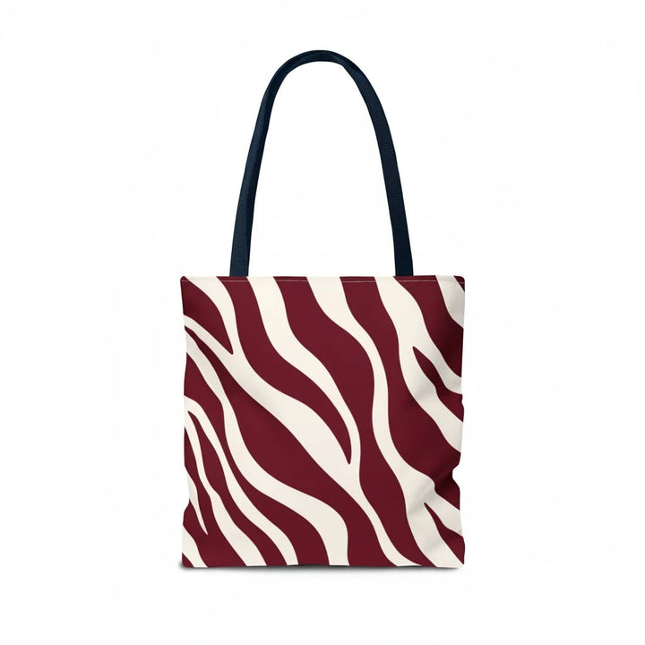 Sunday Theory maroon and cream zebra print tote bag with dark navy blue shoulder straps