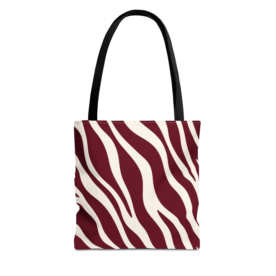 Sunday Theory maroon and cream zebra print polyester tote bag with black reinforced handles