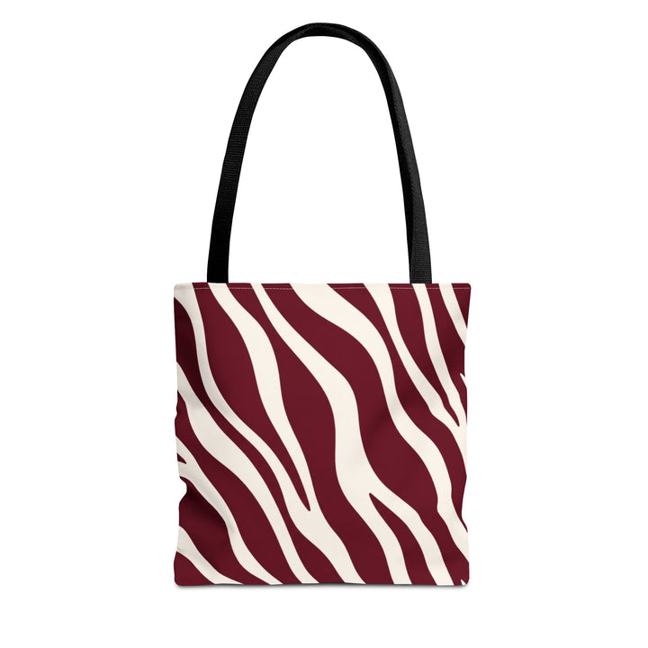 Sunday Theory maroon and cream zebra print polyester tote bag with black reinforced handles