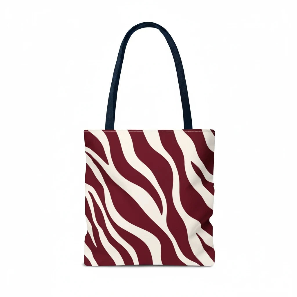 Sunday Theory maroon and cream zebra print tote bag with dark navy shoulder straps