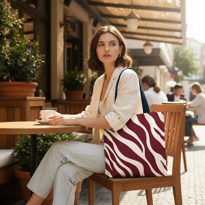 Sunday Theory maroon and cream zebra print tote bag resting on a wooden chair next to a woman at an outdoor cafe.